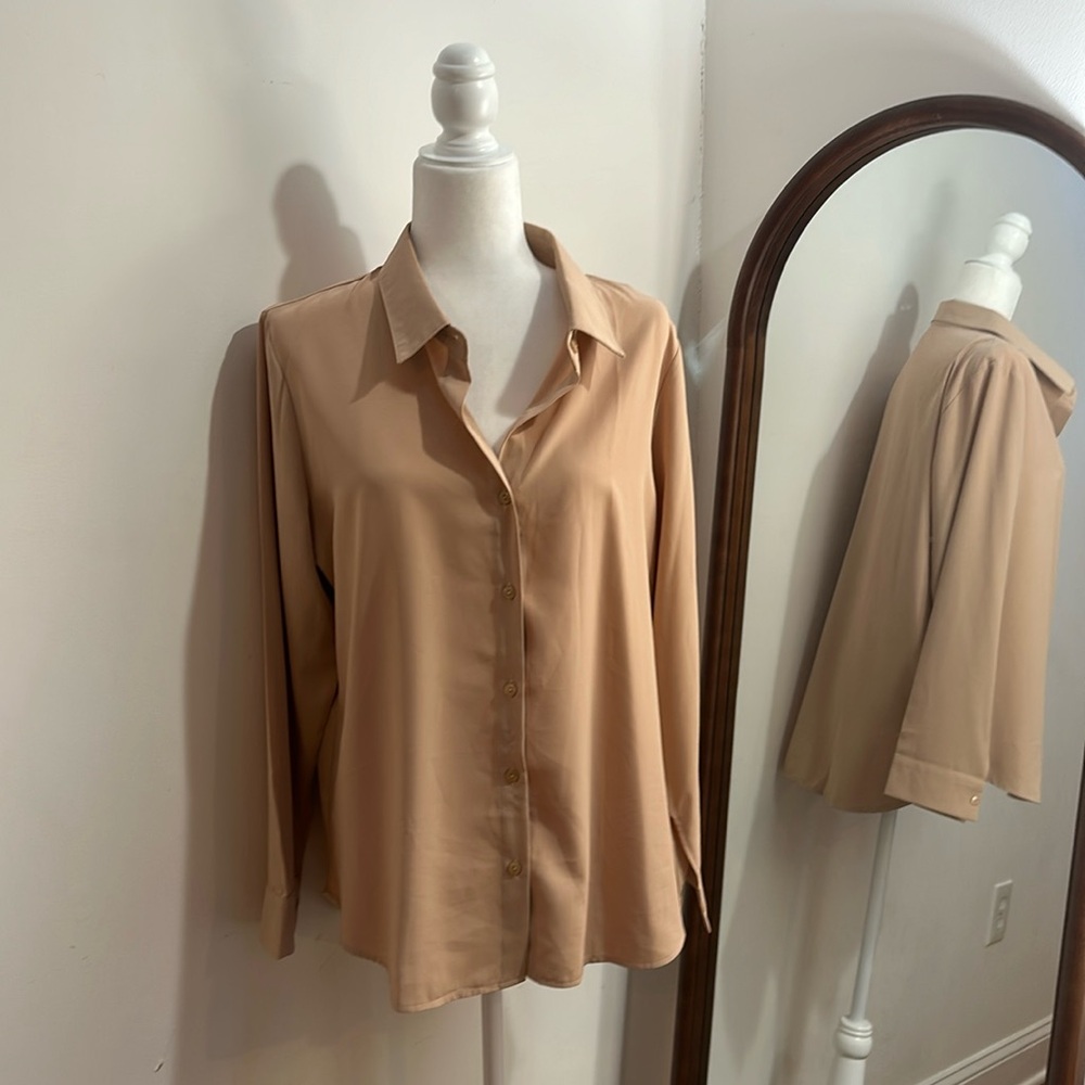 Diosun large long sleeve collared button down shirt cream tan neutral casual